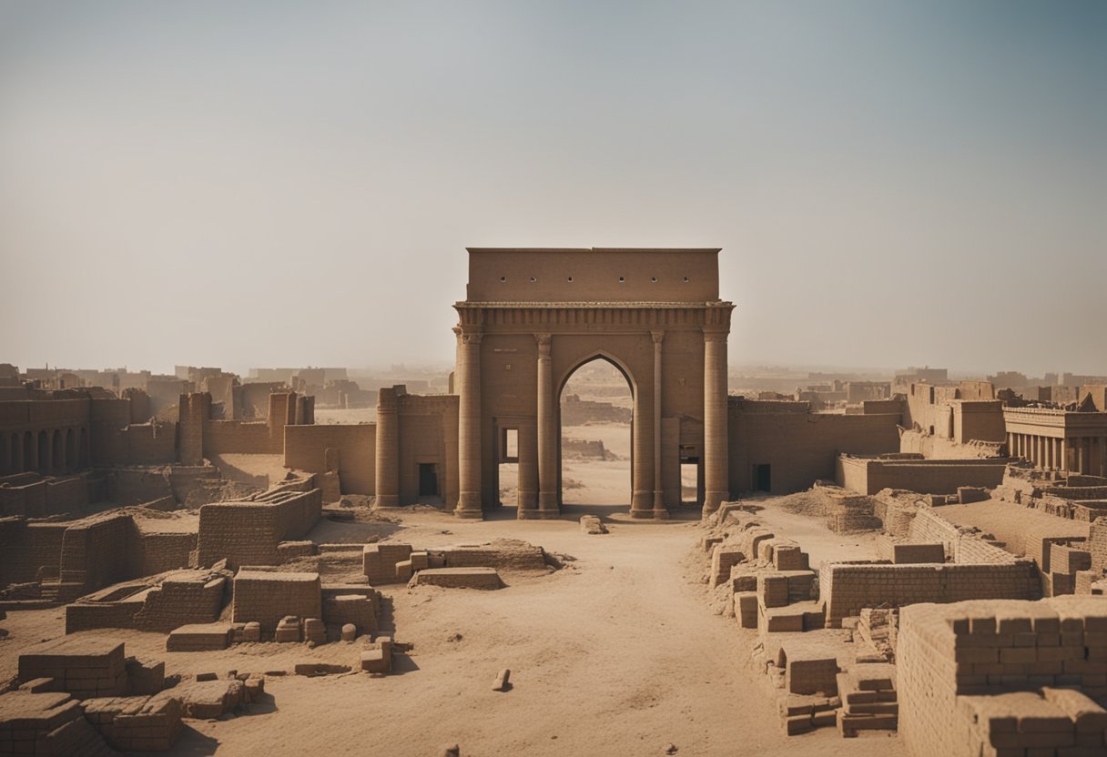 The ancient city of Babylon emerges from the dust and rubble, revealing its majestic gates and towering structures