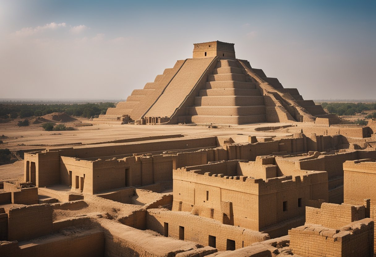 The towering ziggurat rises above the crumbling walls of the lost ancient city of Babylon, surrounded by the remnants of grand palaces and temples