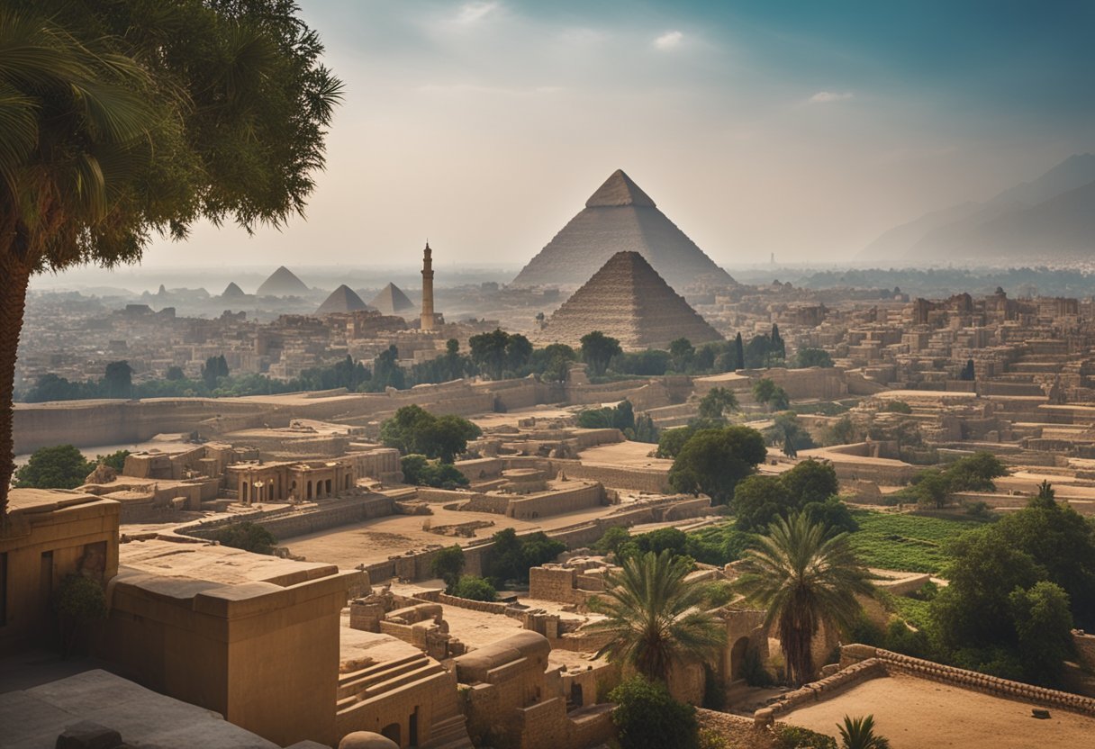 Thebes: bustling city with towering pyramids, temples, and bustling markets, surrounded by the Nile River and lush greenery