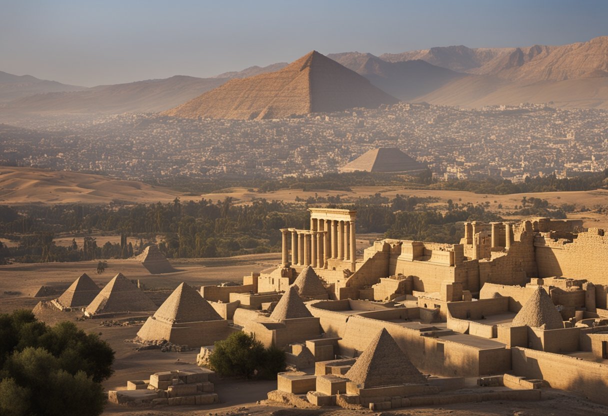 The grand city of Thebes rises against a backdrop of ancient pyramids, blending Greek mythology with Egyptian royalty