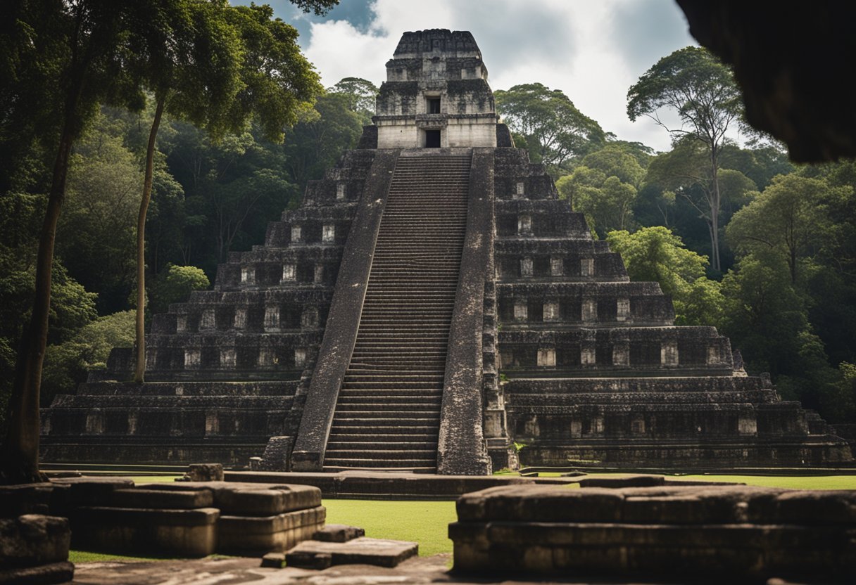 Tikal, a grand Mayan city, features towering pyramids, intricate stone carvings, and expansive plazas