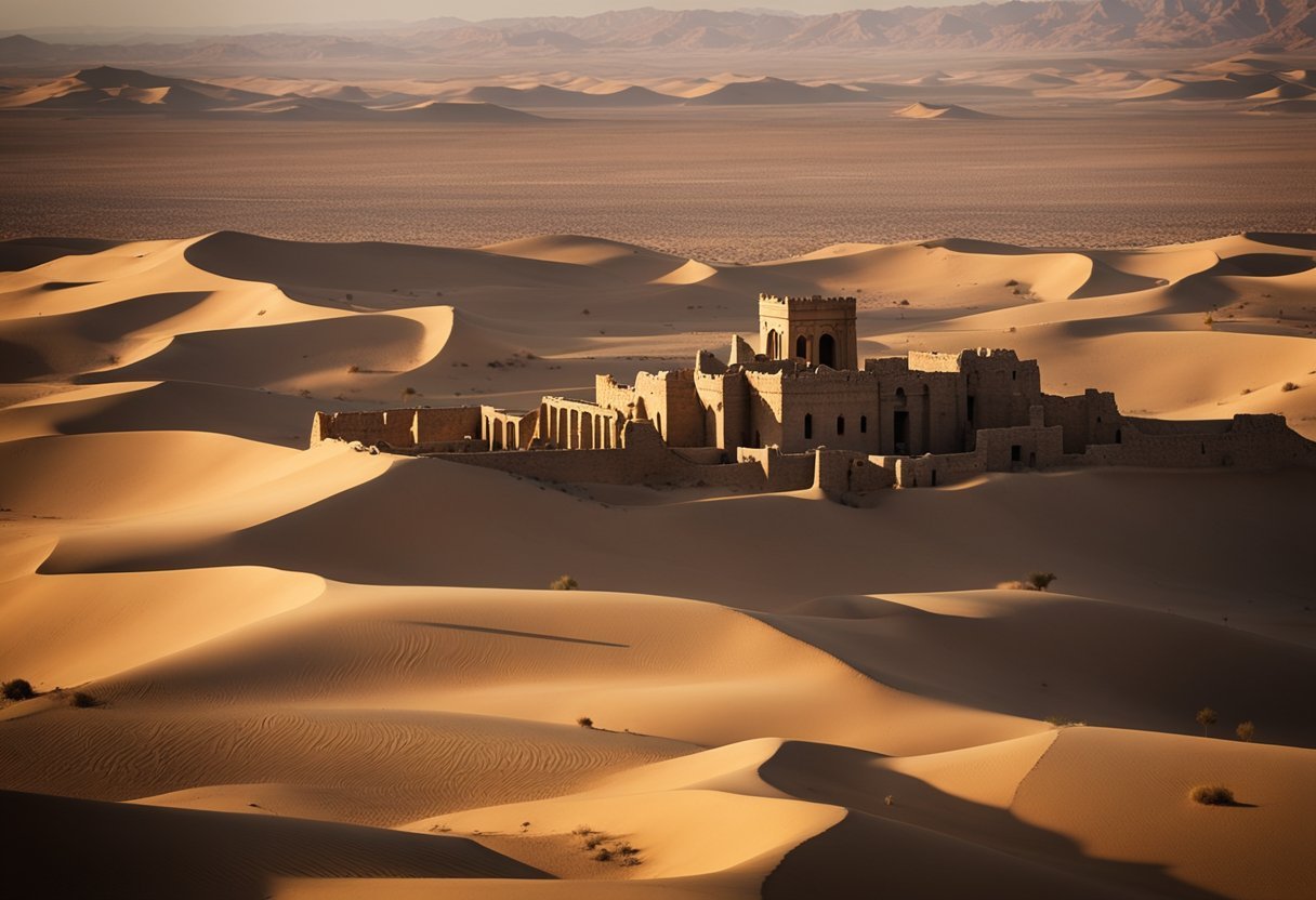 The ancient city of Merv rises from the desert, its towering ruins casting long shadows in the fading light