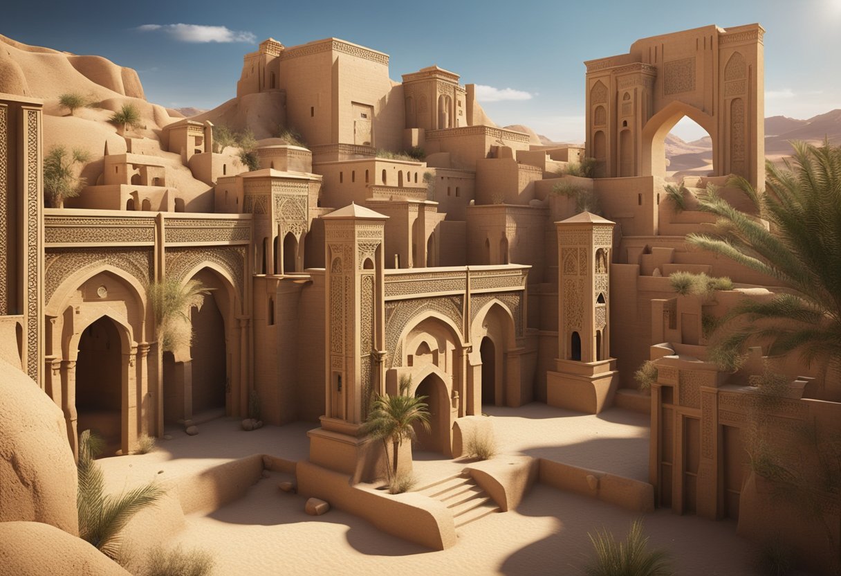 The ancient city of Merv, with its towering walls and intricate archways, lies in the midst of a vast desert, surrounded by a shimmering oasis