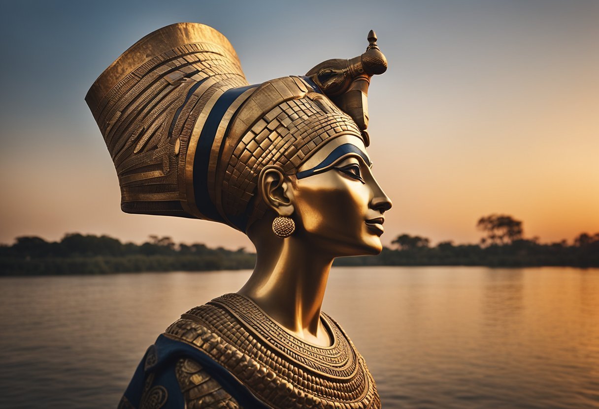 Nefertiti's regal profile, adorned with an intricate headdress, gazes out over the Nile River at sunset