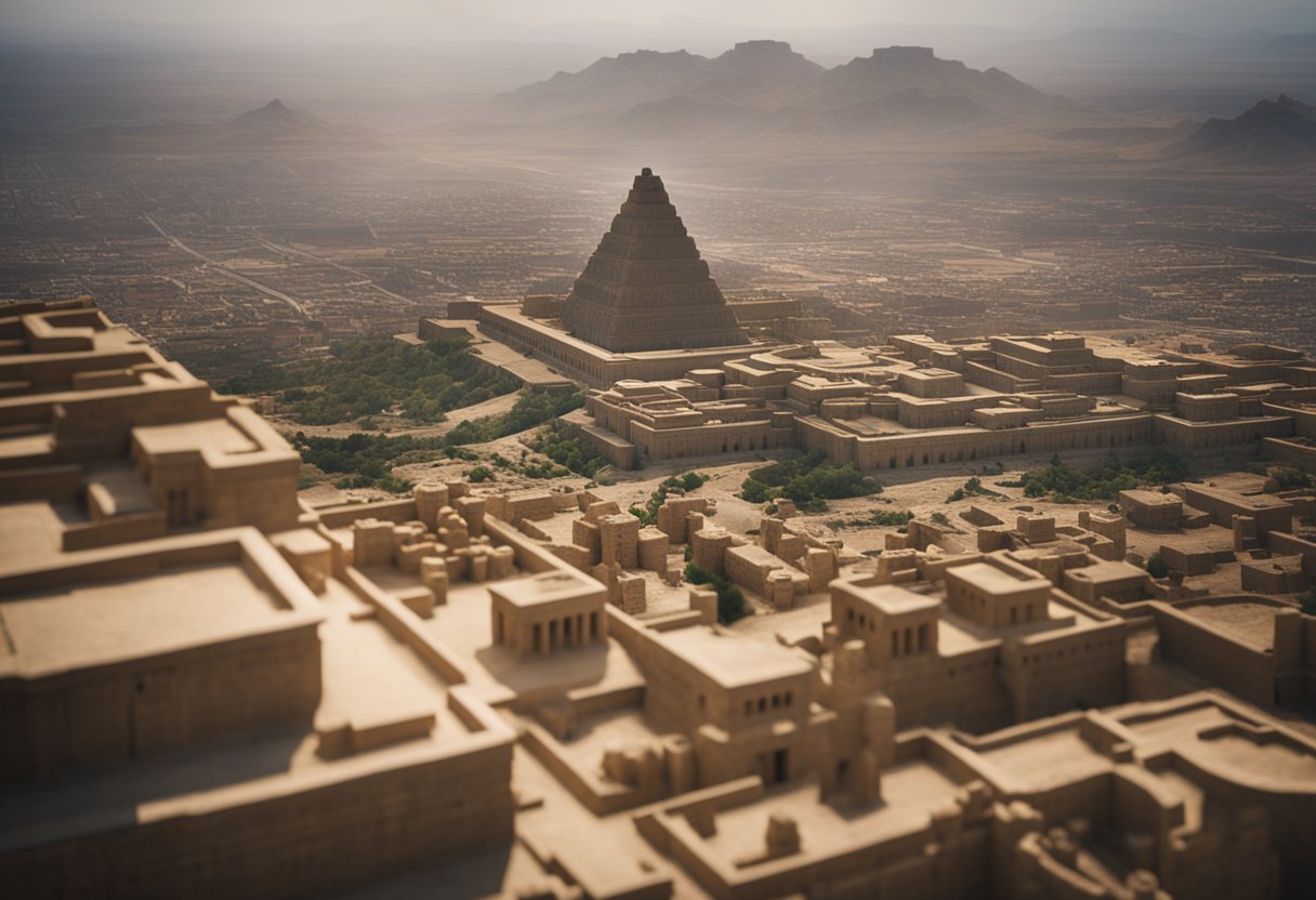 Hammurabi's empire rises, a majestic cityscape with towering ziggurats and bustling markets, symbolizing his reign over Babylon