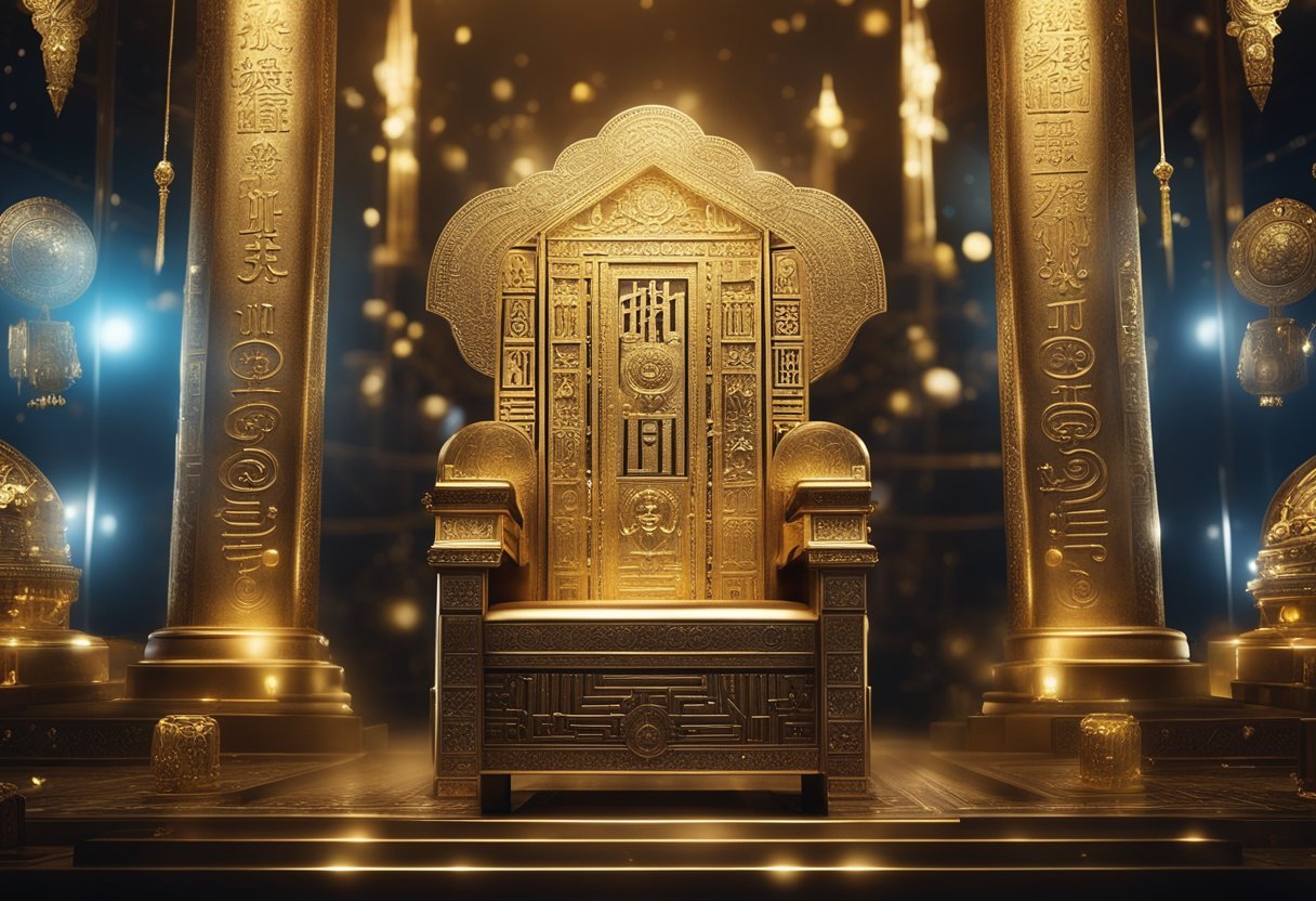 A golden throne surrounded by hieroglyphics, adorned with jewels and symbols of power, with a mysterious aura emanating from the ancient artifact