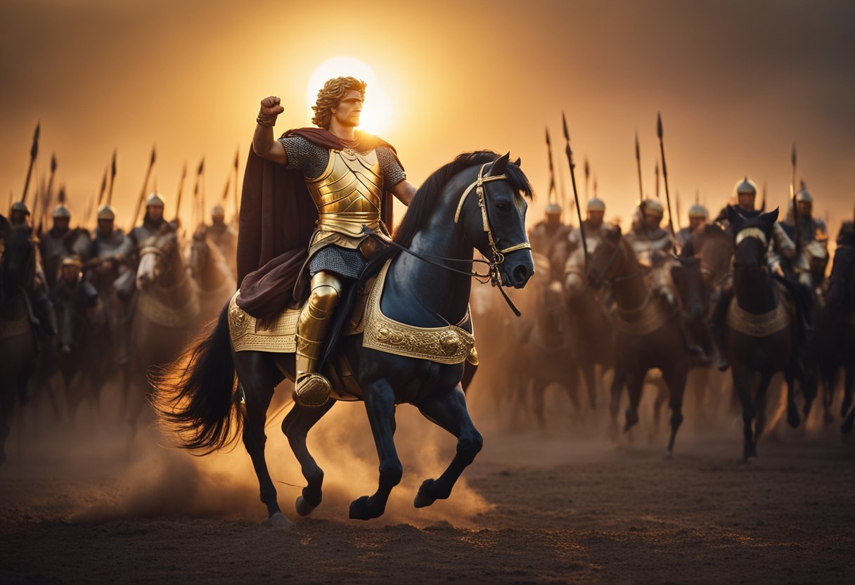 Alexander the Great stands triumphantly on a battlefield, surrounded by his victorious army and conquered enemies. The sun sets behind him, casting a golden glow over the scene