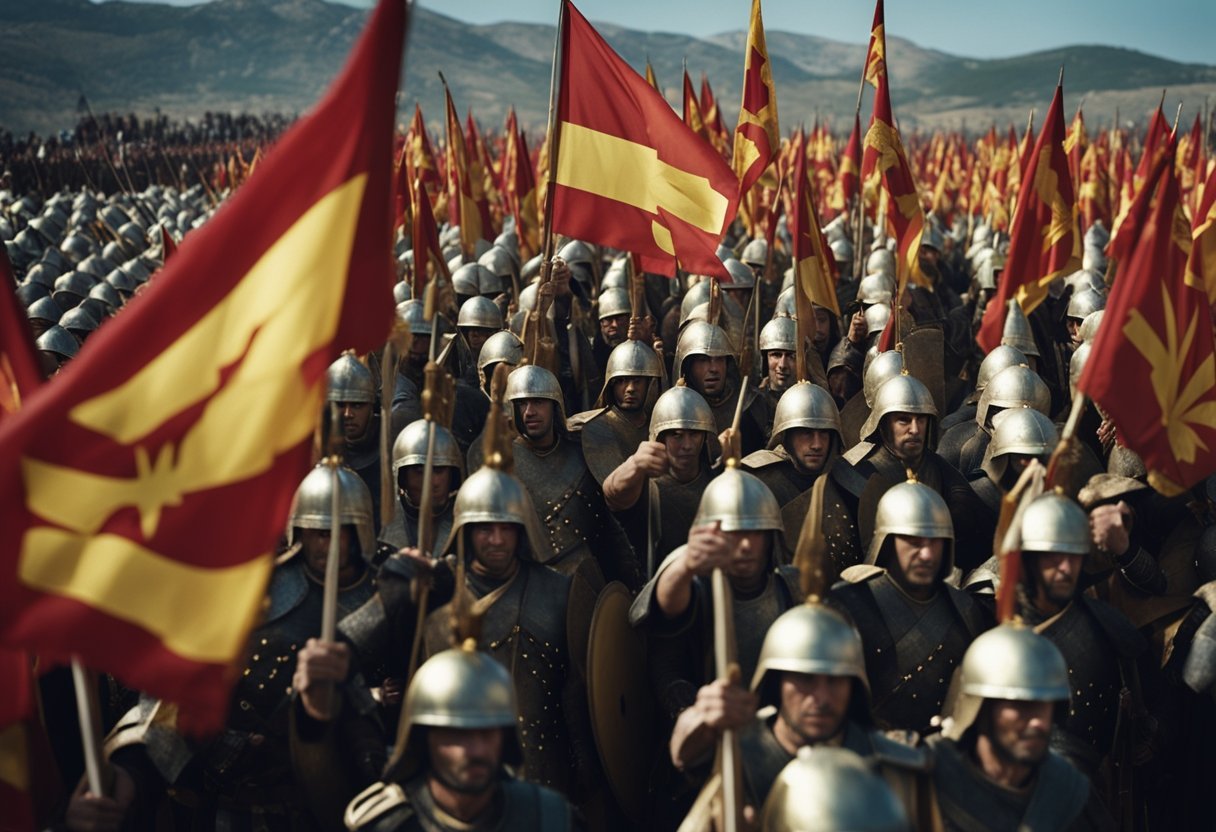 Alexander's army conquers lands, building an empire. Troops march triumphantly, raising flags and claiming territories. Cities fall under Macedonian rule