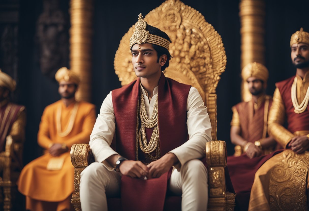 Ashoka, a young prince, sits on a grand throne, surrounded by his advisors and courtiers. He wears a regal expression, symbolizing his accession to the throne and the weight of his future responsibilities