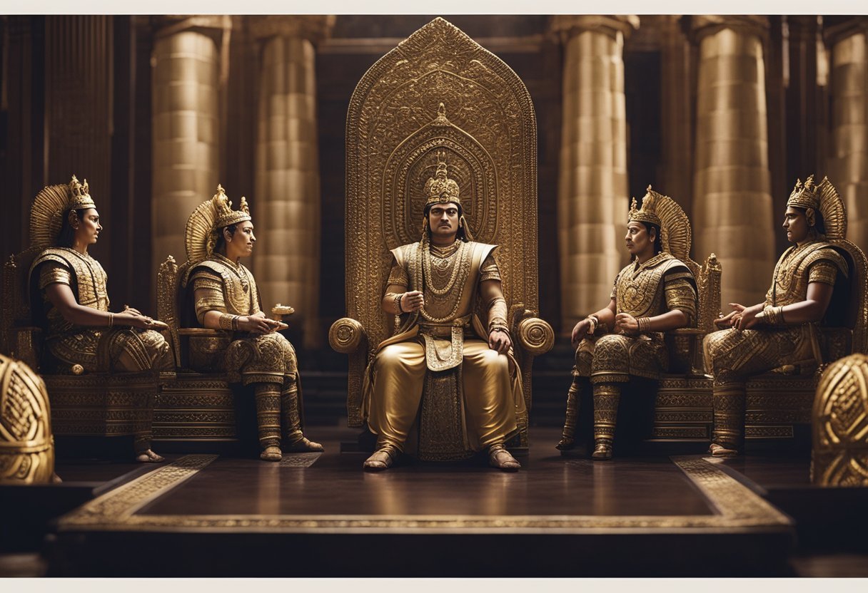 King Ashoka sits on his ornate throne, surrounded by his advisors. He listens intently as they discuss matters of governance and administration. The room is grand and filled with symbols of power and authority