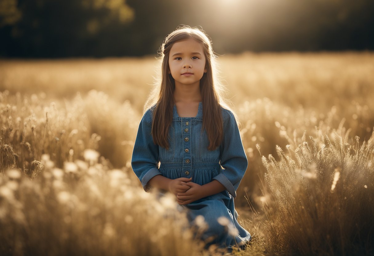 A young girl kneels in a sunlit field, surrounded by visions of angels and saints. She gazes upward with a look of determination and purpose