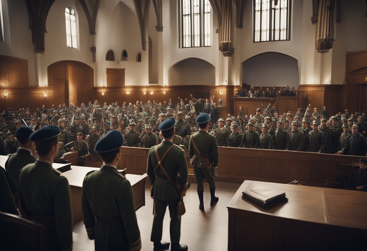 Soldiers marching with banners, cannons firing, and Joan of Arc standing trial in a crowded courtroom