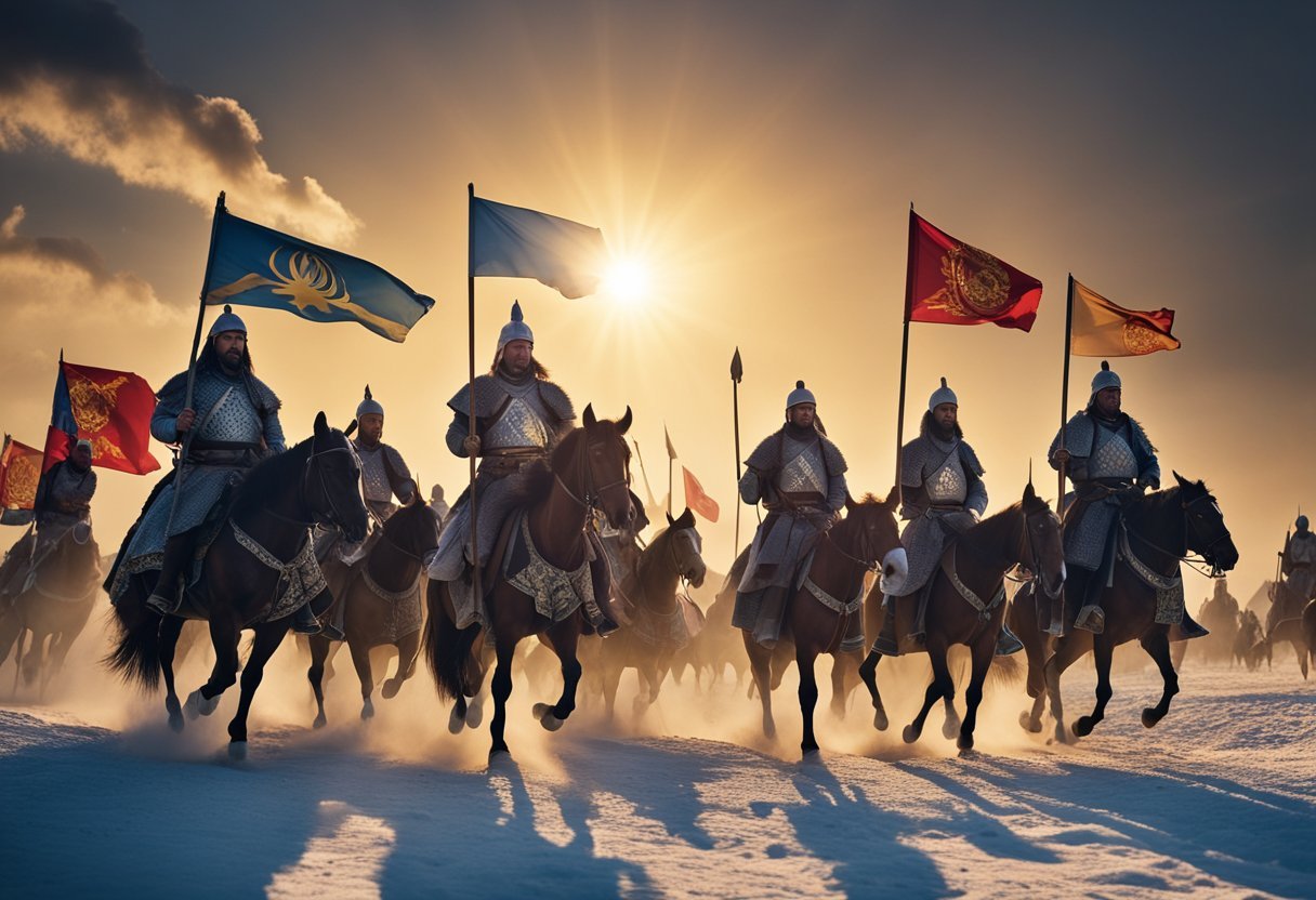 Genghis Khan leading his army on horseback, with flags flying and the sun rising behind them