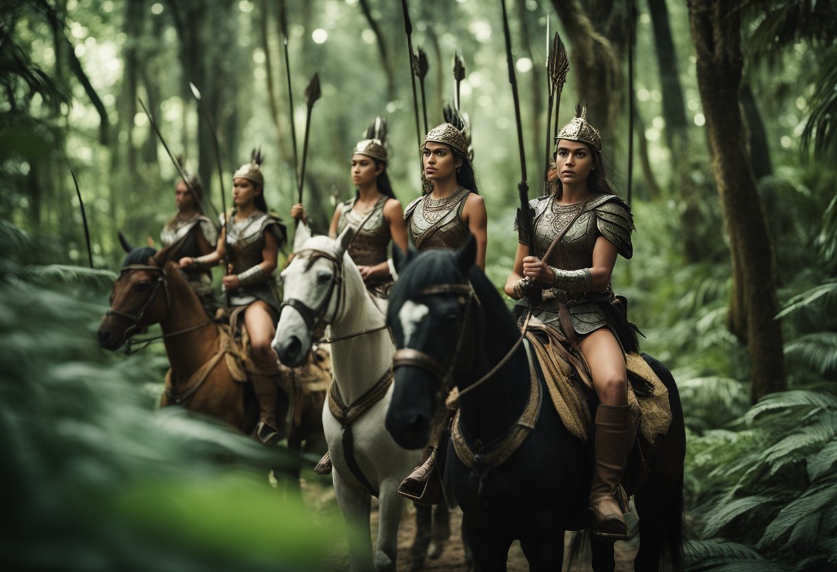 A group of fierce Amazons riding on horseback through a lush, ancient forest, with their bows and arrows at the ready