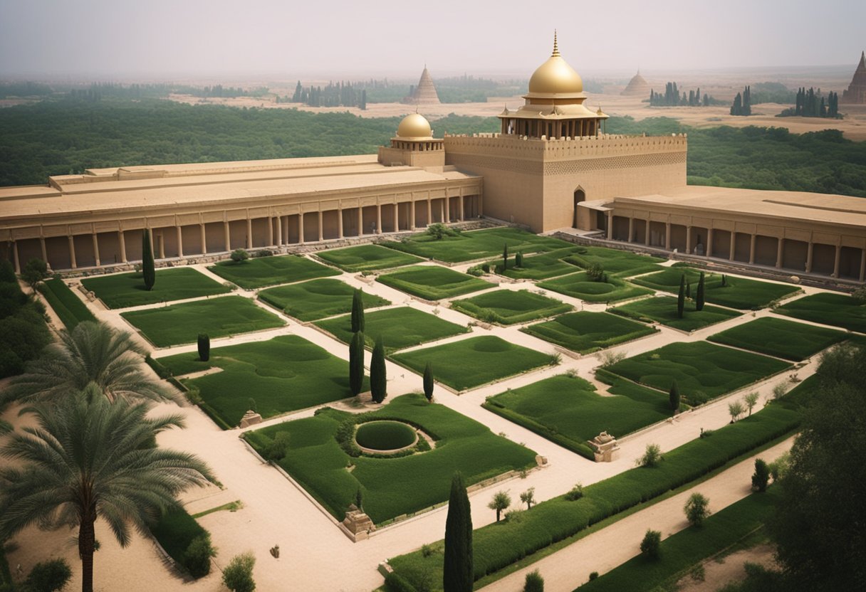 Hammurabi's grand palace in Babylon, with towering walls and ornate gates, surrounded by lush gardens and bustling markets