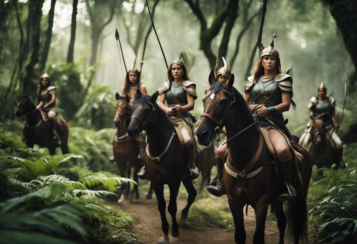 A group of fierce Amazons riding on horseback through a lush, ancient forest, wielding bows and arrows, exuding strength and determination