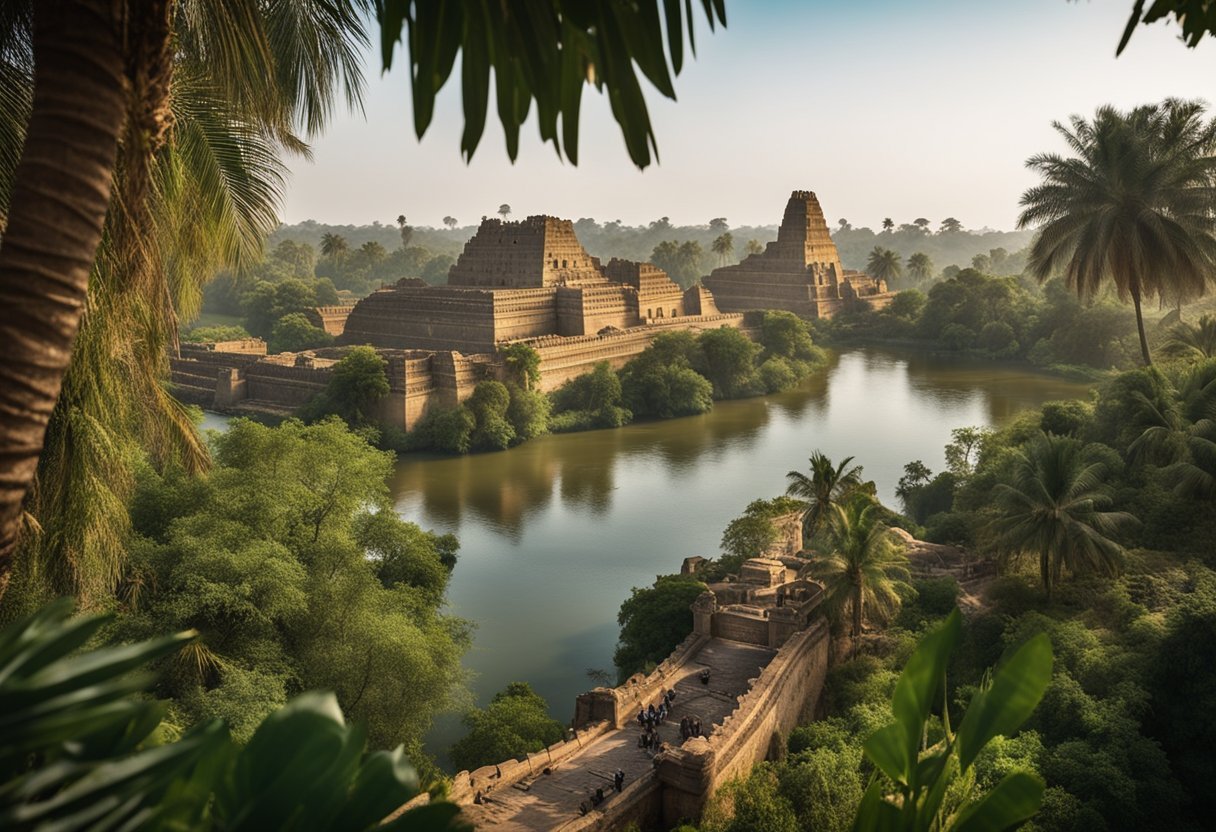 The ancient city of Crocodilopolis emerges from the banks of the Nile River, with grand temples dedicated to the crocodile god Sobek, surrounded by lush greenery and bustling marketplaces