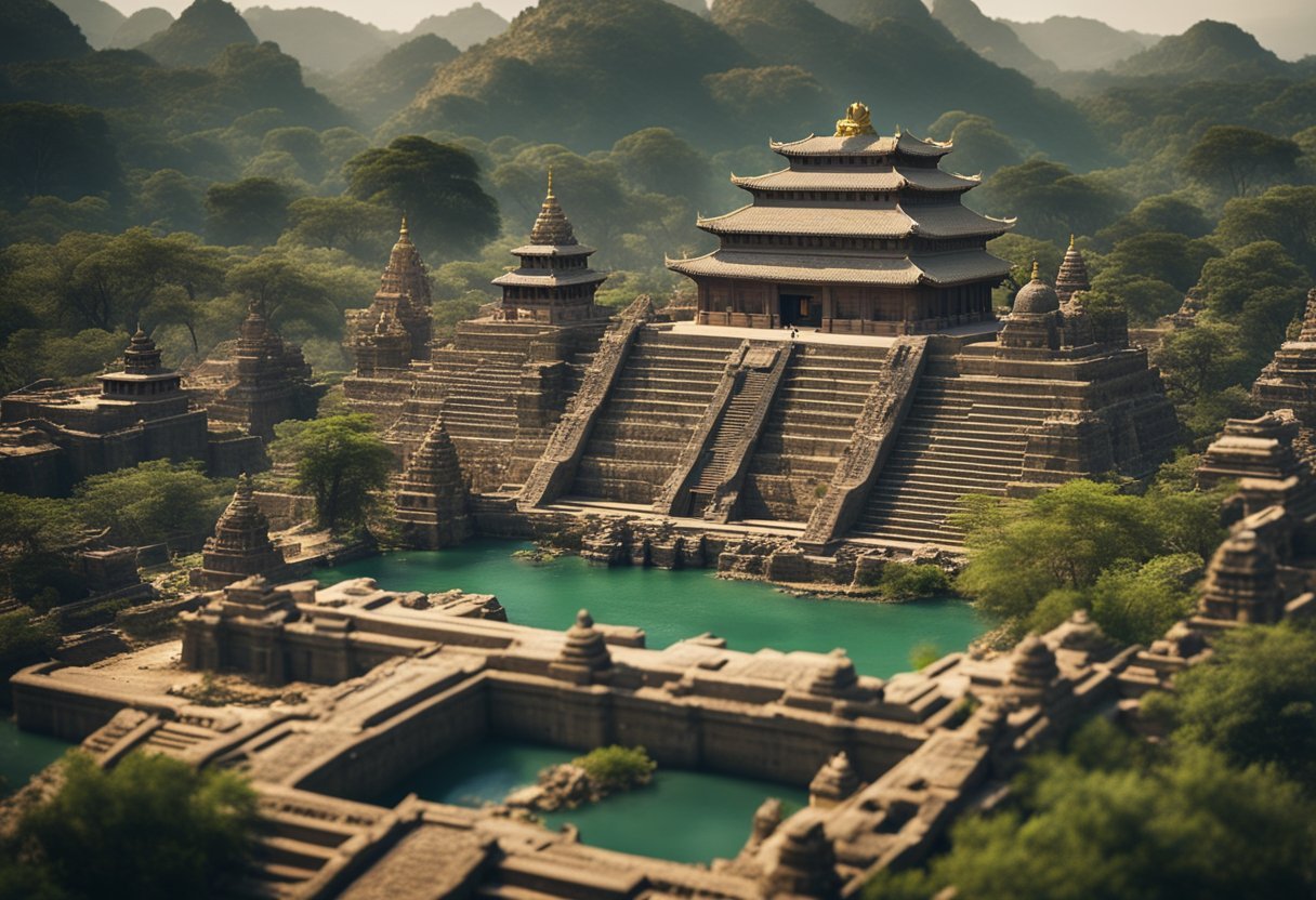 The ancient city of Crocodilopolis is depicted with towering temples, hieroglyphic inscriptions, and sacred crocodile pools