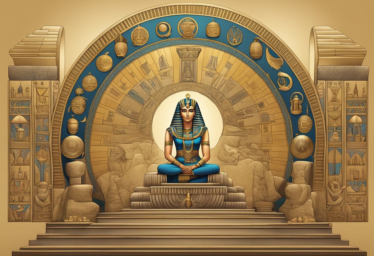 Cleopatra's royal lineage and ascent to power, depicted through ancient Egyptian symbols and regal imagery