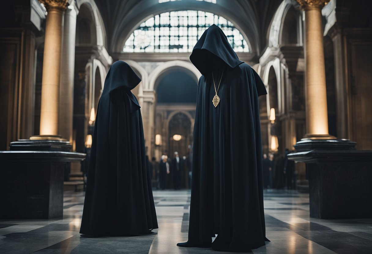 A group of cloaked figures surround a regal figure, their hands concealed beneath their garments. The figure stands confidently, unaware of the impending betrayal