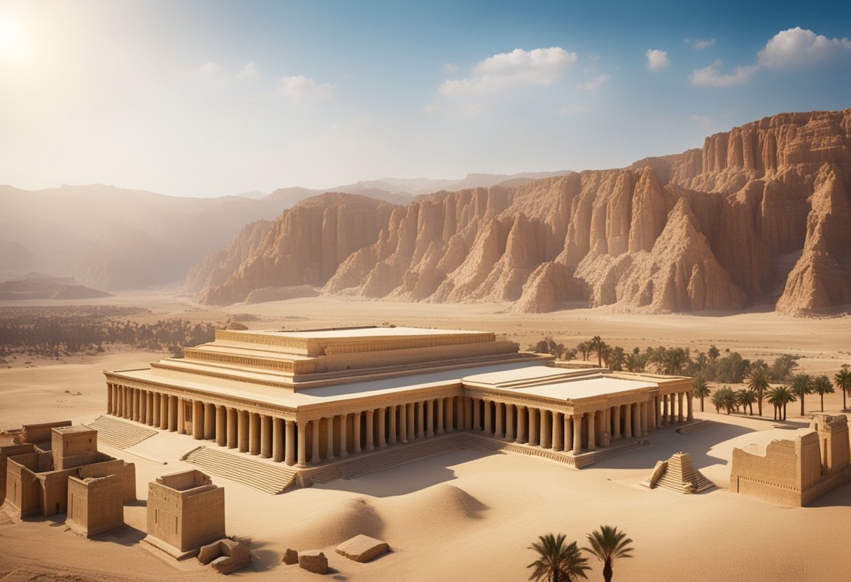 A grand temple dedicated to Hatshepsut, adorned with hieroglyphics and statues, stands proudly against the backdrop of the ancient Egyptian desert