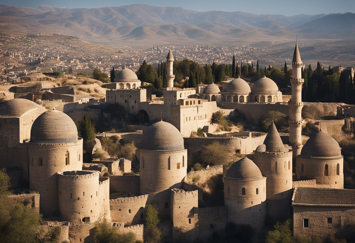 A bustling ancient city in southeastern Turkey, with winding streets, towering minarets, and a prominent citadel overlooking the landscape