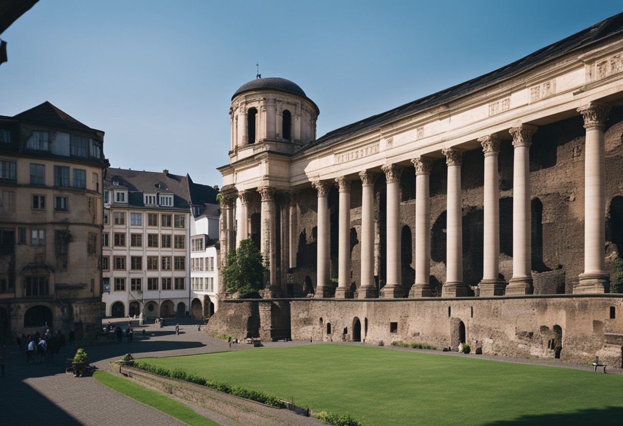 Ancient Roman ruins stand amidst modern buildings in Trier, Germany