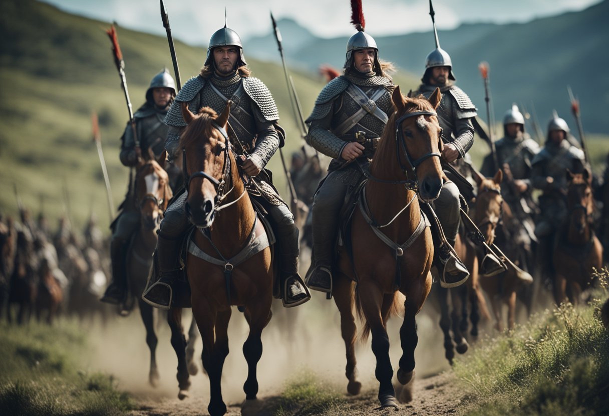 Attila's army marches through rugged terrain, wielding weapons and riding on horseback, as they conquer new territories in their military campaigns