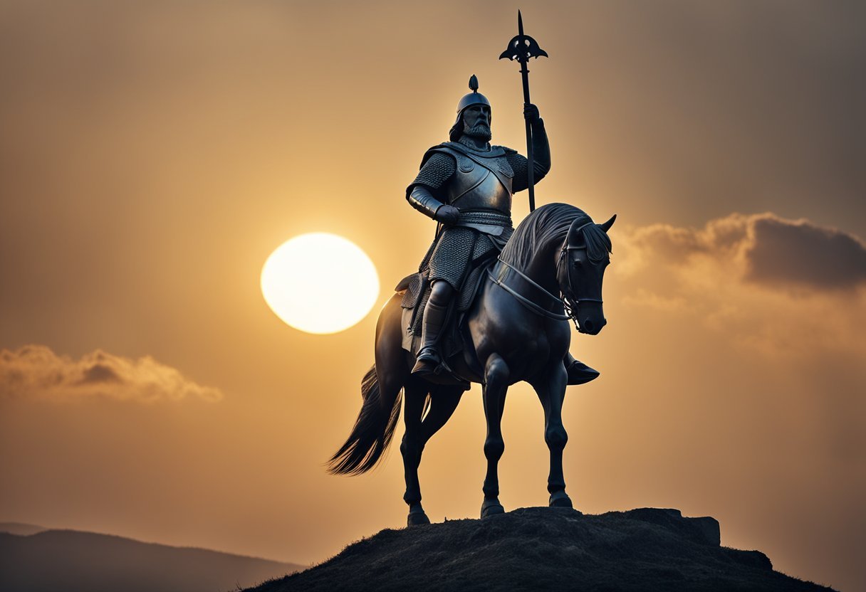 Vercingetorix stands atop a hill, surrounded by cheering warriors, holding a sword aloft as the sun rises behind him