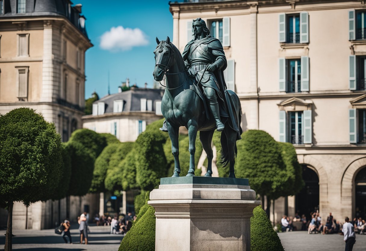 Vercingetorix's statue stands proudly in the center of a bustling French town, surrounded by lush greenery and historical architecture