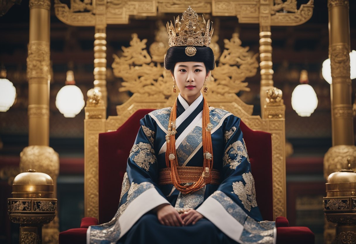 Queen Seondeok sits on her throne, adorned with a majestic crown, as her subjects bow before her in reverence. The palace is filled with opulent decorations, reflecting the queen's powerful reign and enduring legacy