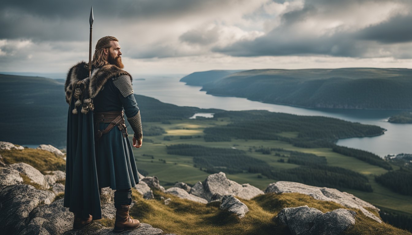 Harald Hardrada stands atop a rocky cliff, overlooking a vast and rugged Viking kingdom, with a fierce expression on his face