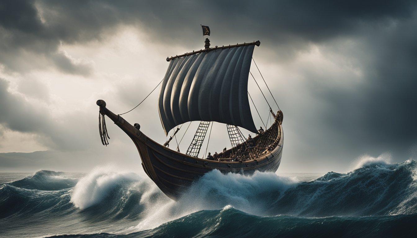 A fierce Viking ship sails through stormy seas towards a distant land, with a towering figure at the helm, ready for battle