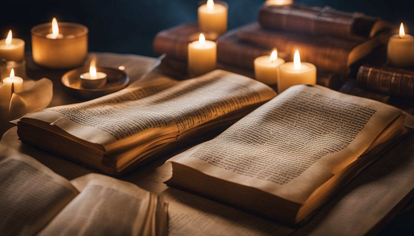 A table covered in ancient texts, with scholars analyzing and comparing the Dead Sea Scrolls under the glow of dim candlelight