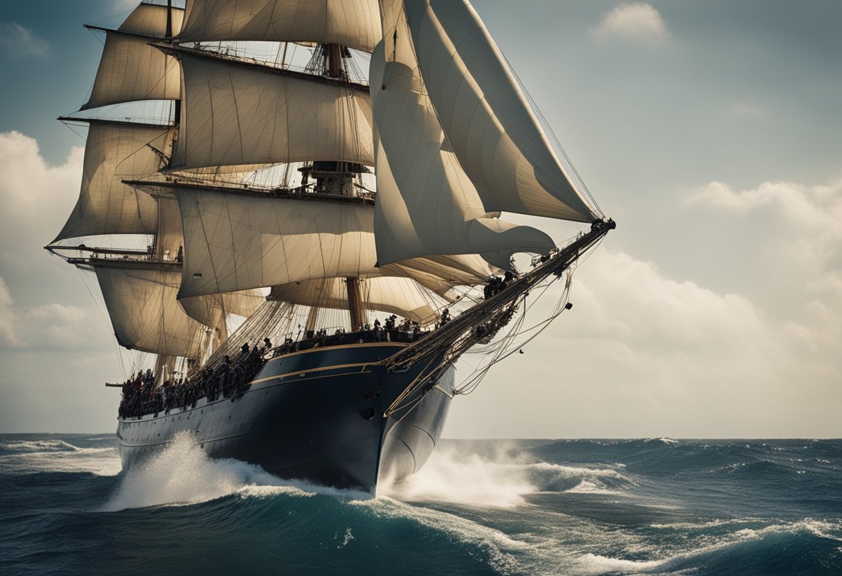 A ship sails through rough seas, crew members in period clothing. The ship's name, "The Bounty," is visible on the stern