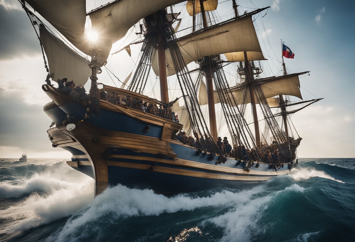 A ship sailing on rough seas with a crew in historical attire, surrounded by 18th-century naval equipment and flags