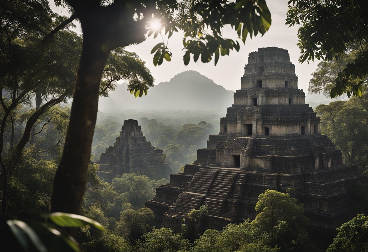 The dense jungle surrounds the ancient Mayan ruins, with towering pyramids and intricate carvings. A sense of mystery and intrigue lingers in the air, as if the civilization vanished into thin air