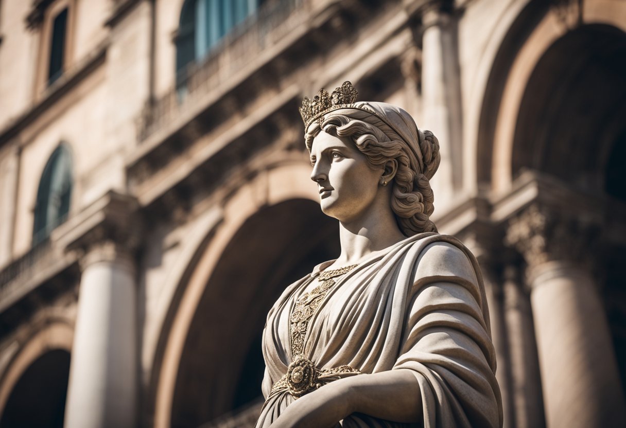 A grand statue of Julia Avita Mamaea stands tall, symbolizing her legacy and impact on Rome. The intricate details of her attire and regal demeanor are captured in the statue's design