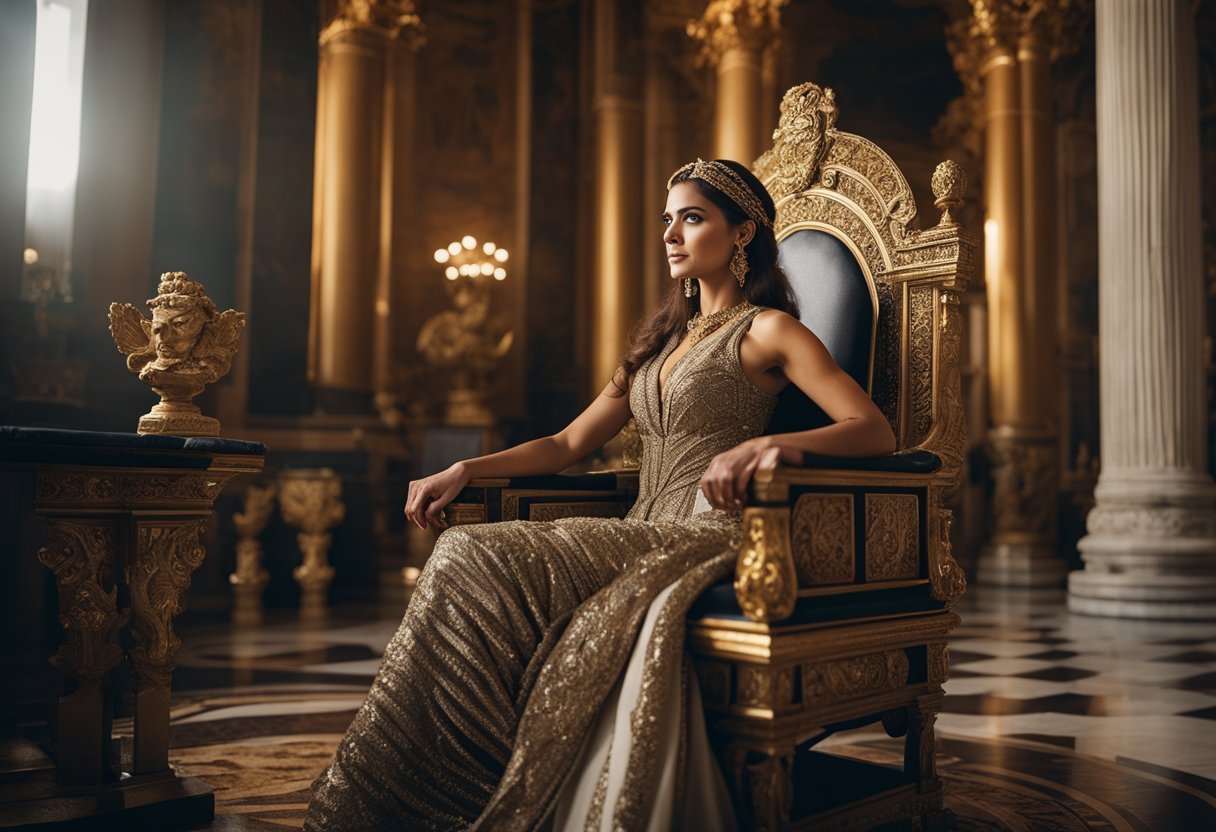 Julia Avita Mamaea of Rome sits on a majestic throne, adorned with intricate carvings and draped in luxurious fabrics. The room is filled with opulent decorations, reflecting her status as a powerful and influential figure in ancient Rome