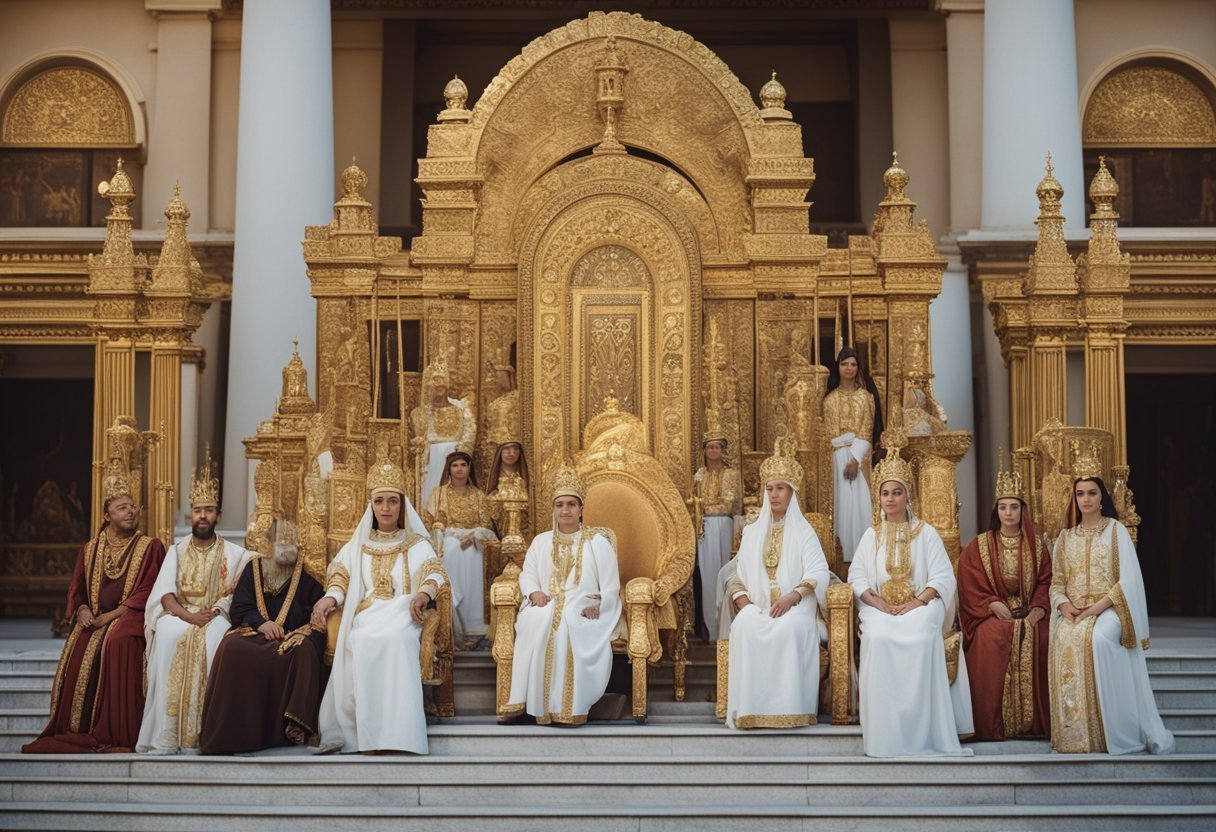 Empress Irene of Athens sits on a majestic throne, adorned with intricate gold and jewels, surrounded by loyal attendants and advisors