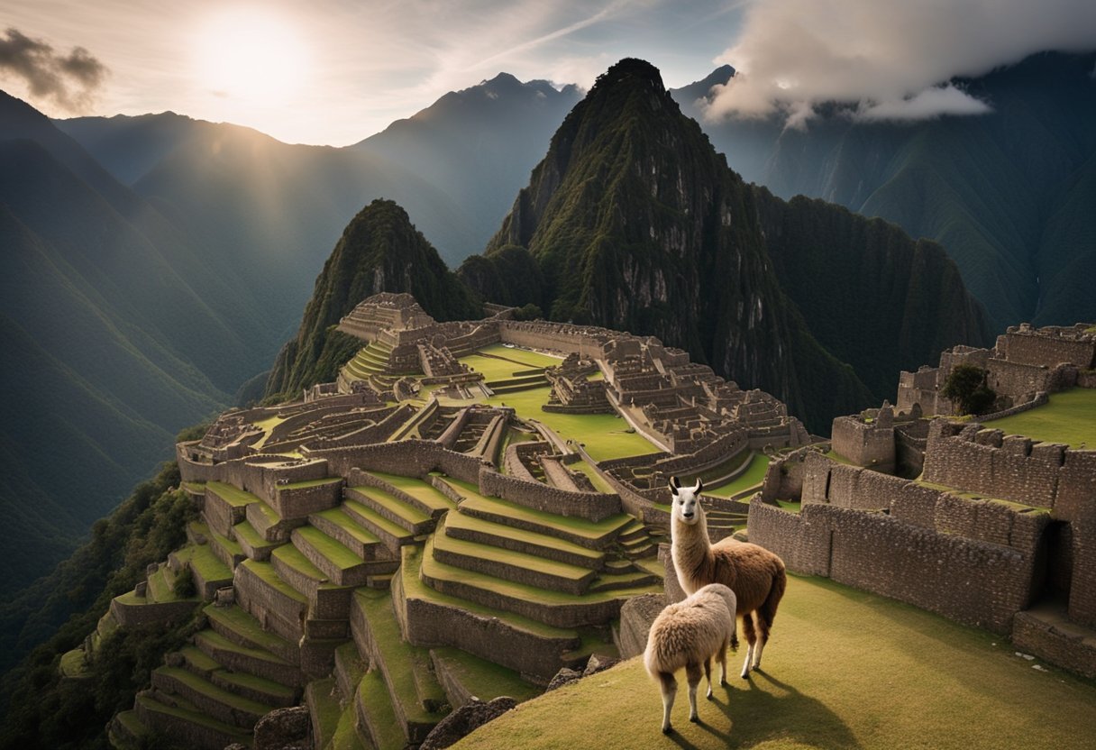 The sun sets behind the ancient ruins, casting long shadows over the terraced mountainside. A llama grazes peacefully nearby, as the misty clouds envelop the mysterious city of Machu Picchu