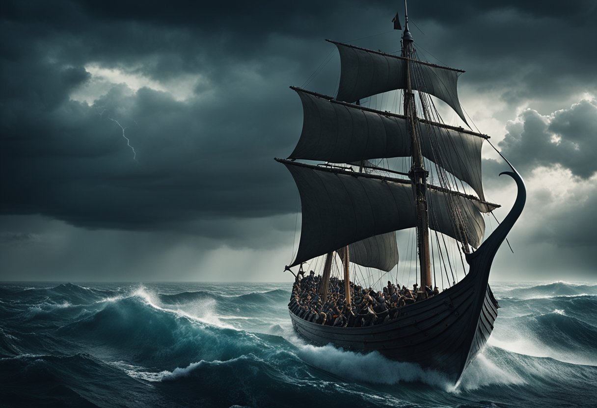 A Viking longship sails through stormy seas, with fierce warriors on board and a dragon-headed prow leading the way. The sky is filled with dark clouds and lightning, setting the scene for an epic adventure