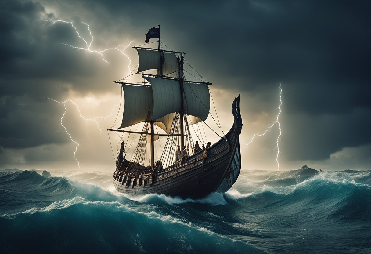 Viking longship sailing through stormy seas towards uncharted lands. Thunder and lightning illuminate the sky as the brave explorers venture into the unknown