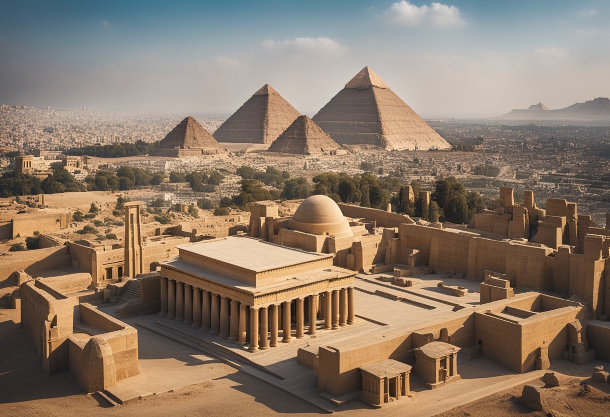 Arsinoe II of Egypt surrounded by symbols of Greek and Egyptian culture, with temples and pyramids in the background