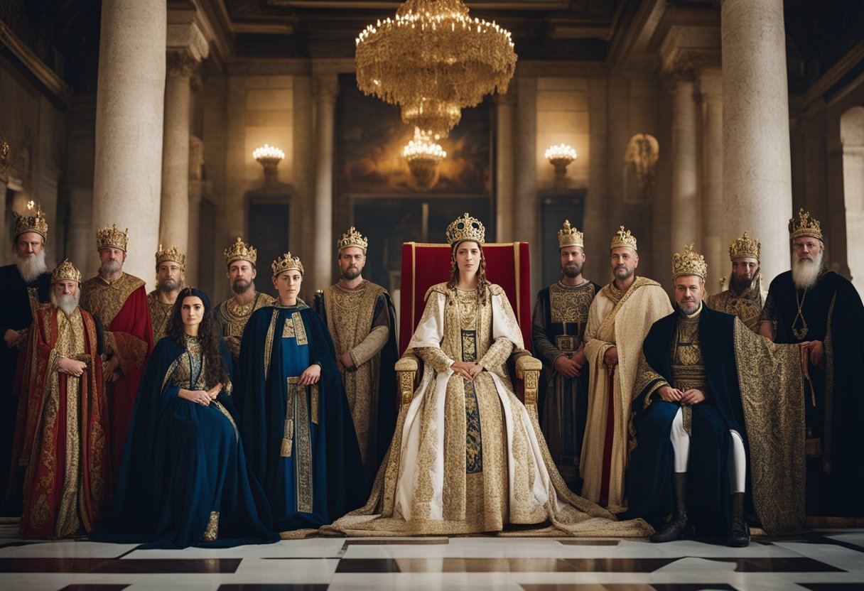 Empress Irene of Athens, clad in regal attire, stands on a grand throne, surrounded by courtiers and advisors. A sense of power and controversy emanates from her presence