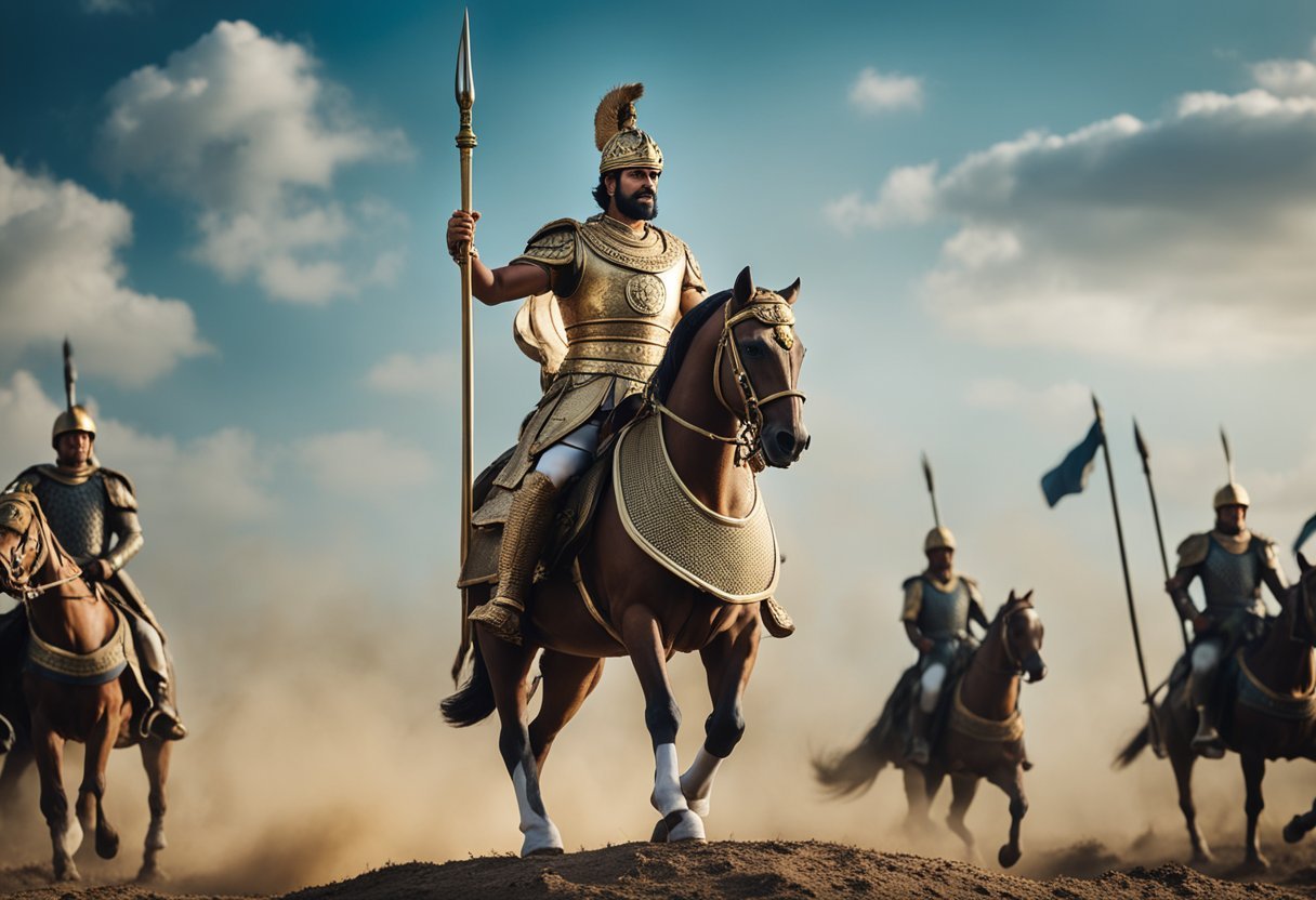 King Porus stands on the battlefield, surrounded by his loyal soldiers. The victorious king's presence exudes power and resilience, leaving a lasting mark on history