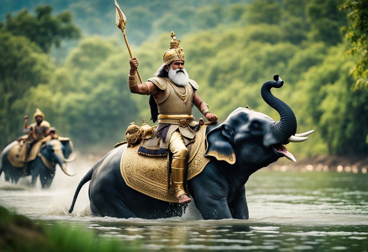 King Porus rides on a majestic elephant, surrounded by his army crossing the river Jhelum, ready for battle