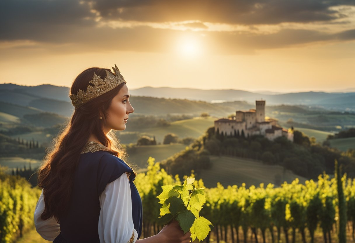 Matilda of Tuscany stands before a medieval castle, surrounded by rolling hills and vineyards, with the sun setting in the distance