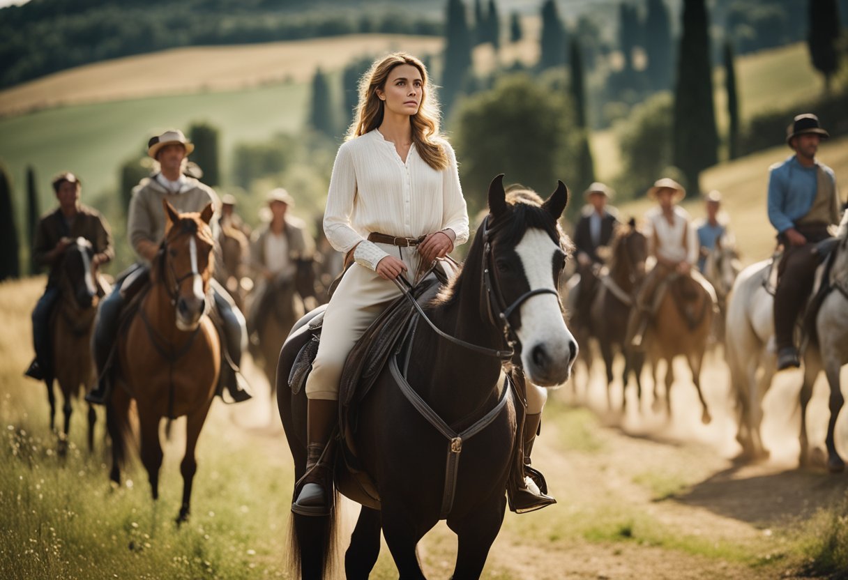 Matilda of Tuscany rides on horseback through the picturesque Tuscan countryside, her determined gaze fixed on the horizon. She is surrounded by loyal followers and a sense of purpose radiates from her every movement