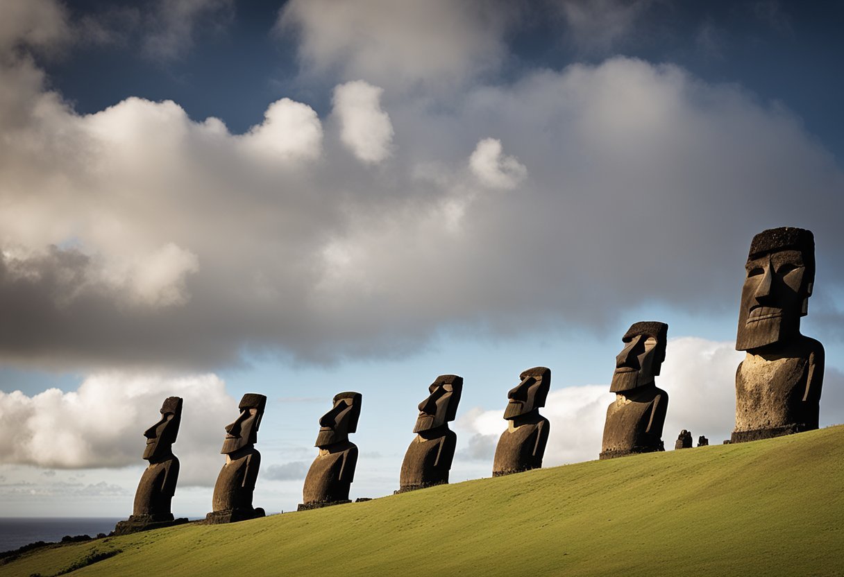 Several Moai statues stand tall on Easter Island, gazing out towards the horizon. They are positioned on a grassy landscape, with the ocean in the background. The statues have distinct facial features and are weathered from years of exposure